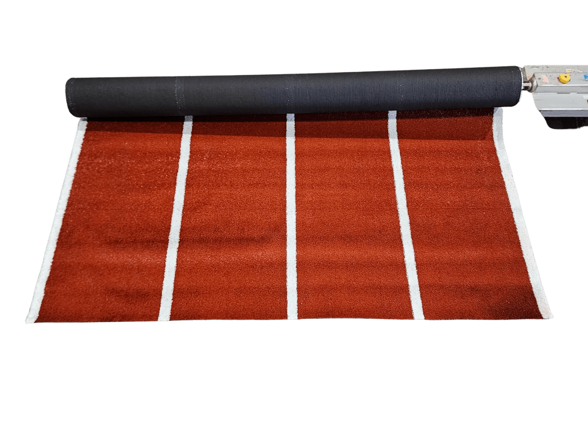 18mm Multisport 4 Lane Running Track - Terracotta with White line - 3.975m wide sold per Lm - Aloro Group