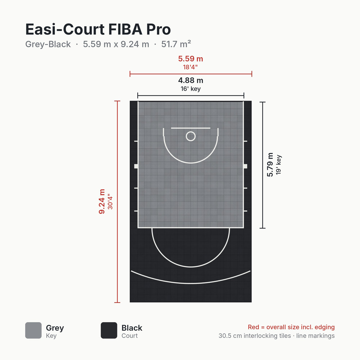 Easi-Court FIBA Pro Grey-Black court dimensions 5.59m x 9.24m