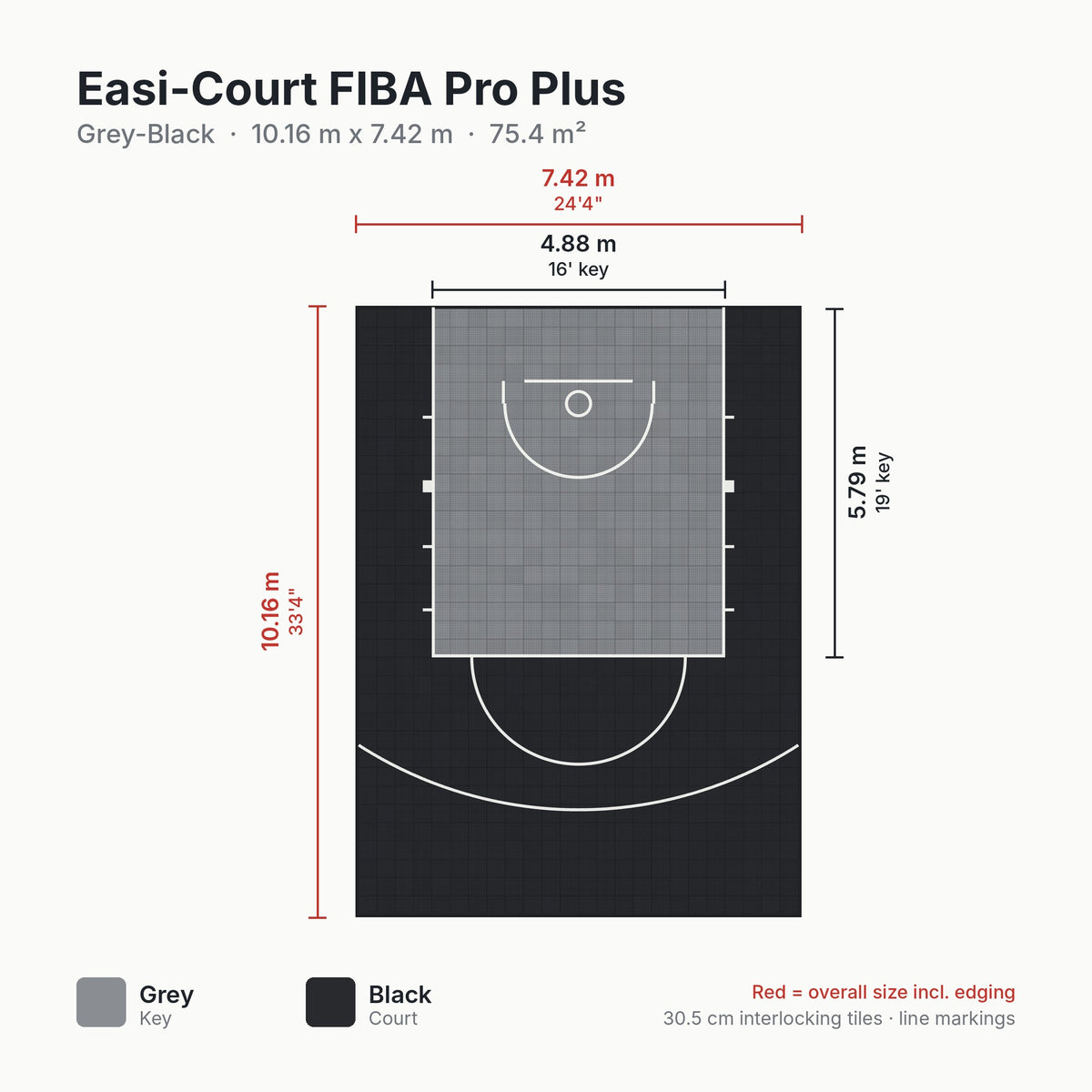 Easi-Court FIBA Pro Plus Grey-Black court dimensions 10.16m x 7.42m
